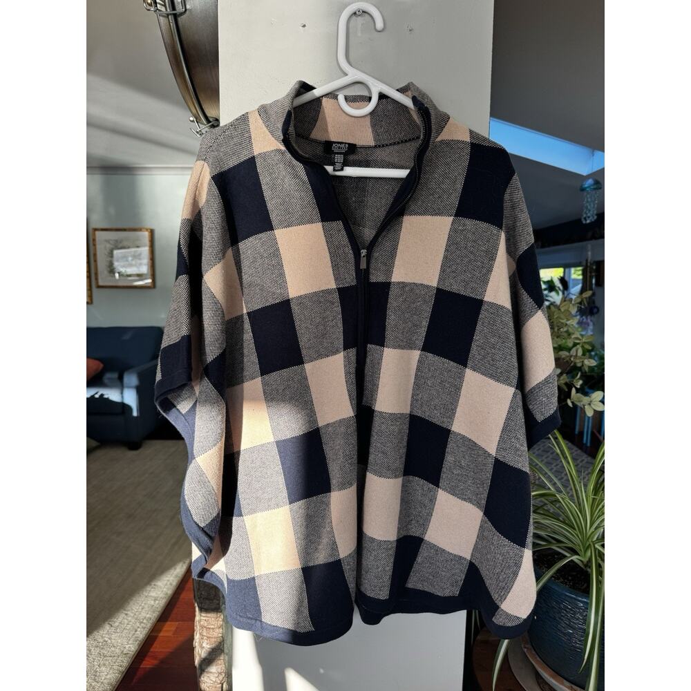 Jones NY Signature open front Cardigan Cape 0X 1X buffalo check cozy chic preppy